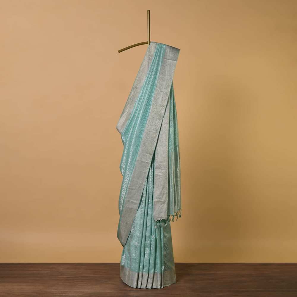 Sea Green South Silk Saree With Geometric Zari Weave And Unstitched Blouse Fabric