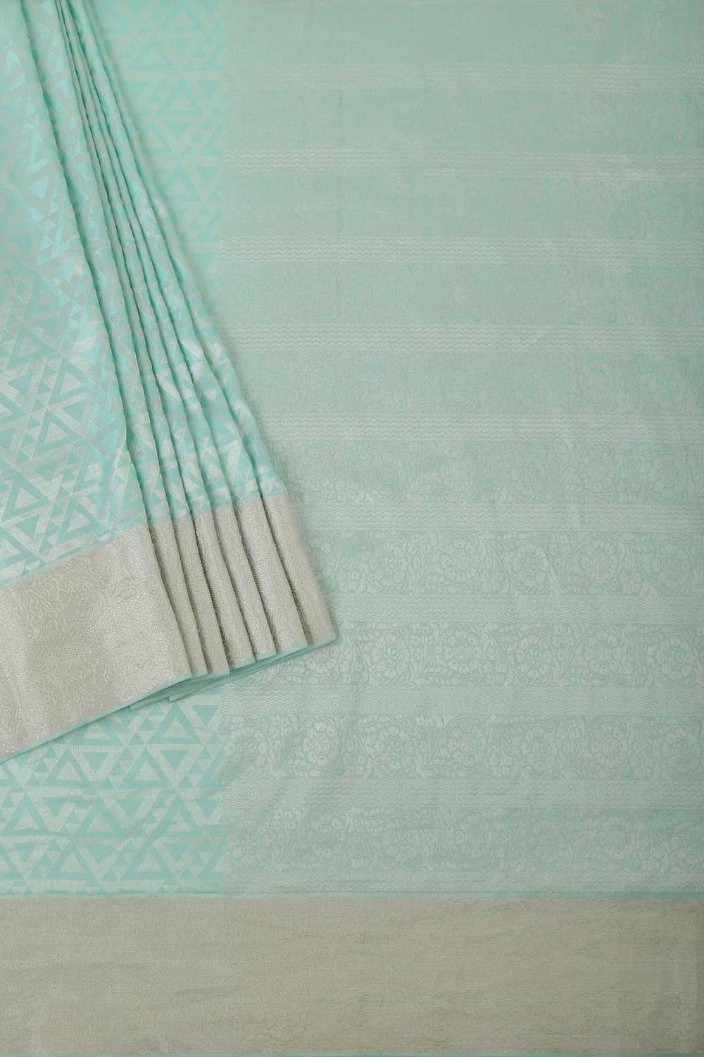 Sea Green South Silk Saree With Geometric Zari Weave And Unstitched Blouse Fabric