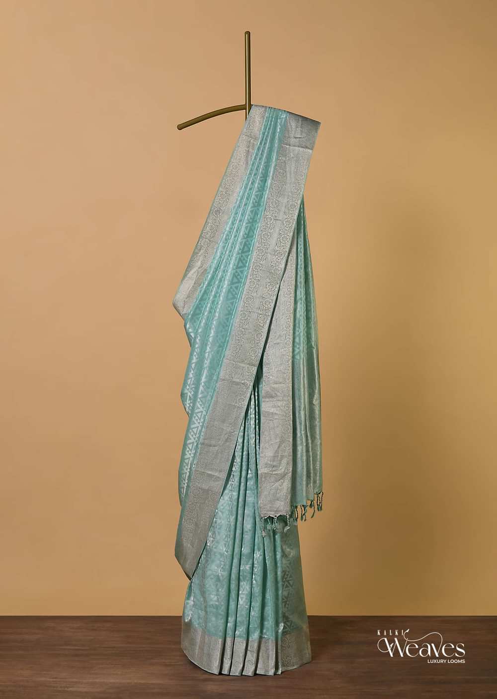 Sea Green South Silk Saree With Geometric Zari Weave And Unstitched Blouse Fabric