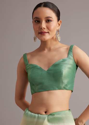 Sea Green Tissue Silk Floral Motif Saree With Contrast Pallu And Border