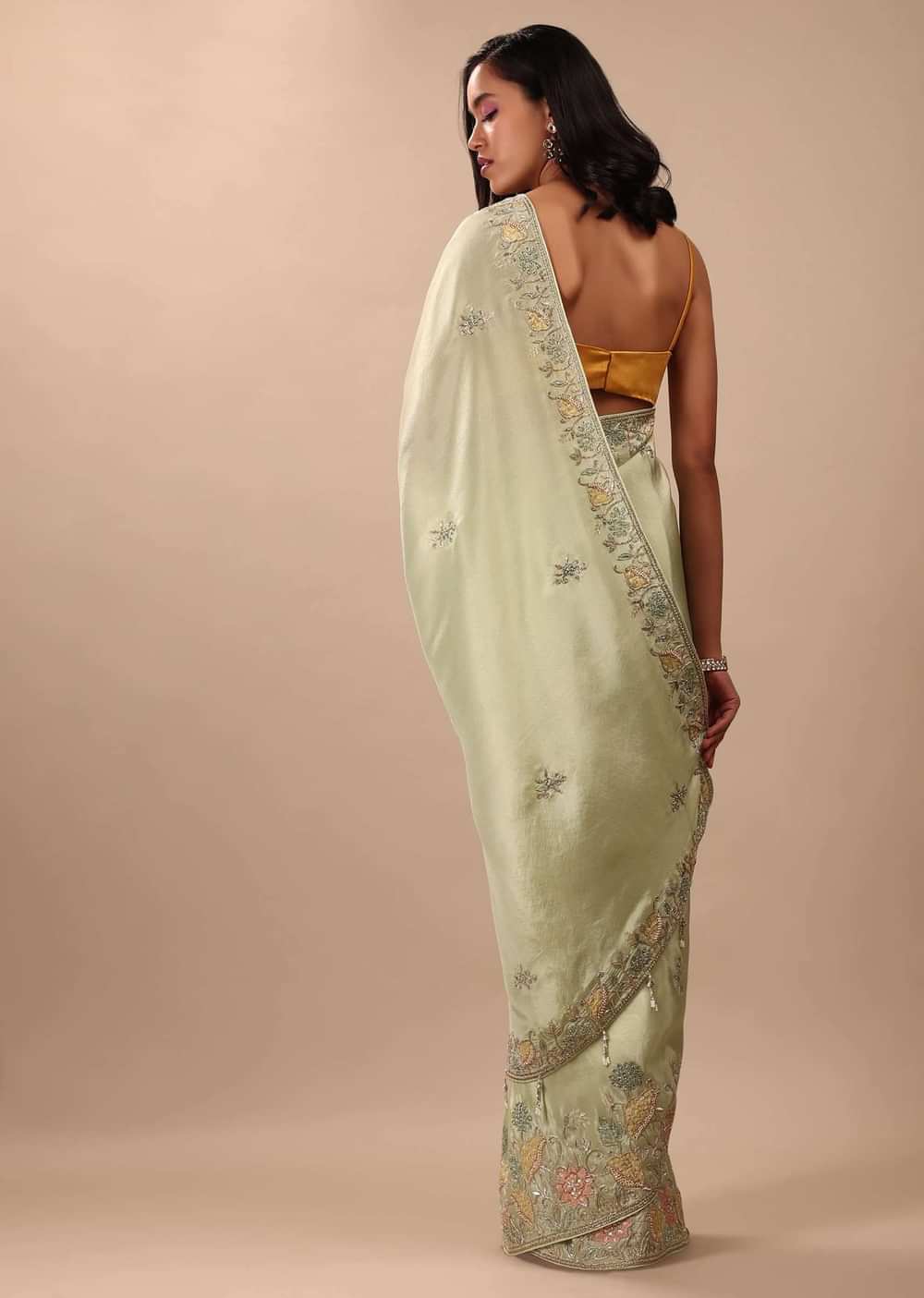 Pista Green Saree In Glass Tissue With Floral Embroidery In Zardosi & Cut Dana