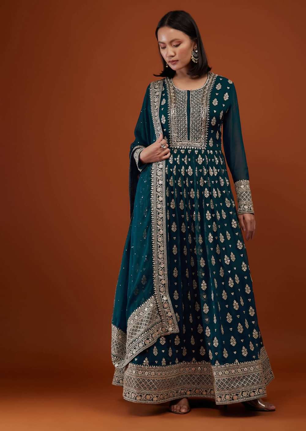 Teal Blue Georgette Anarkali Suit With Embroidery