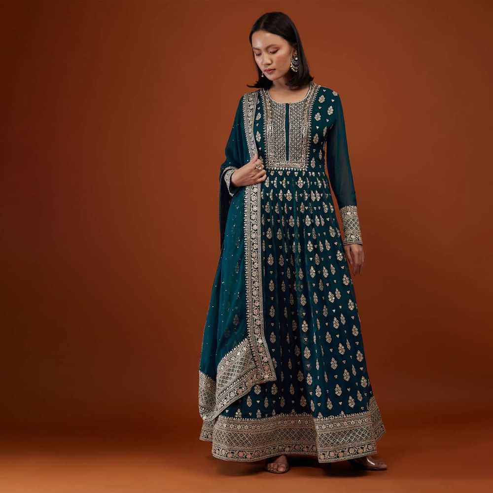 Teal Blue Georgette Anarkali Suit With Embroidery