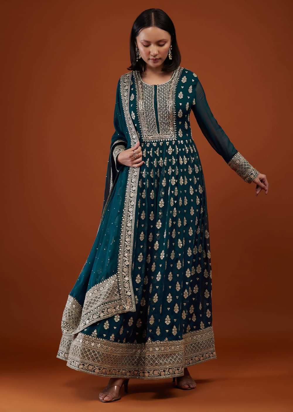 Teal Blue Georgette Anarkali Suit With Embroidery
