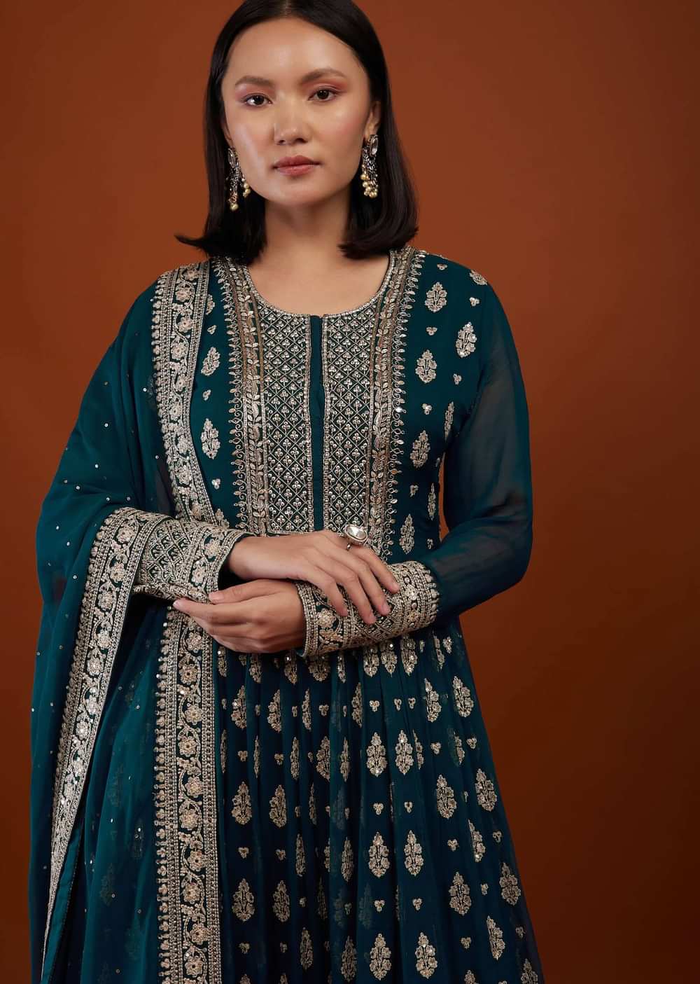 Teal Blue Georgette Anarkali Suit With Embroidery