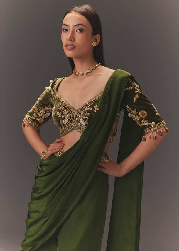 Seaweed Green Hand Embroidered Drape Pallu Style Sharara Set