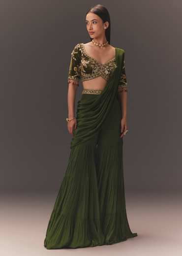 Seaweed Green Hand Embroidered Drape Pallu Style Sharara Set
