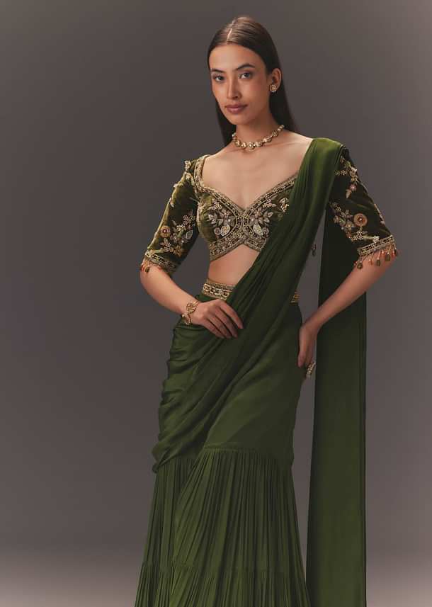 Seaweed Green Hand Embroidered Drape Pallu Style Sharara Set