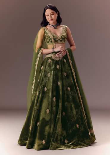 Seaweed Green Velvet Lehenga Set With Hand Work