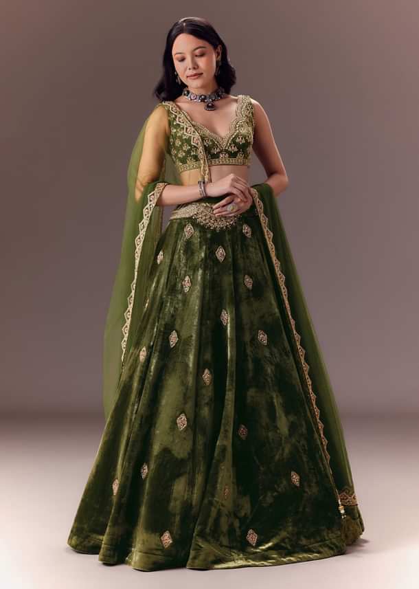 Seaweed Green Velvet Lehenga Set With Hand Work
