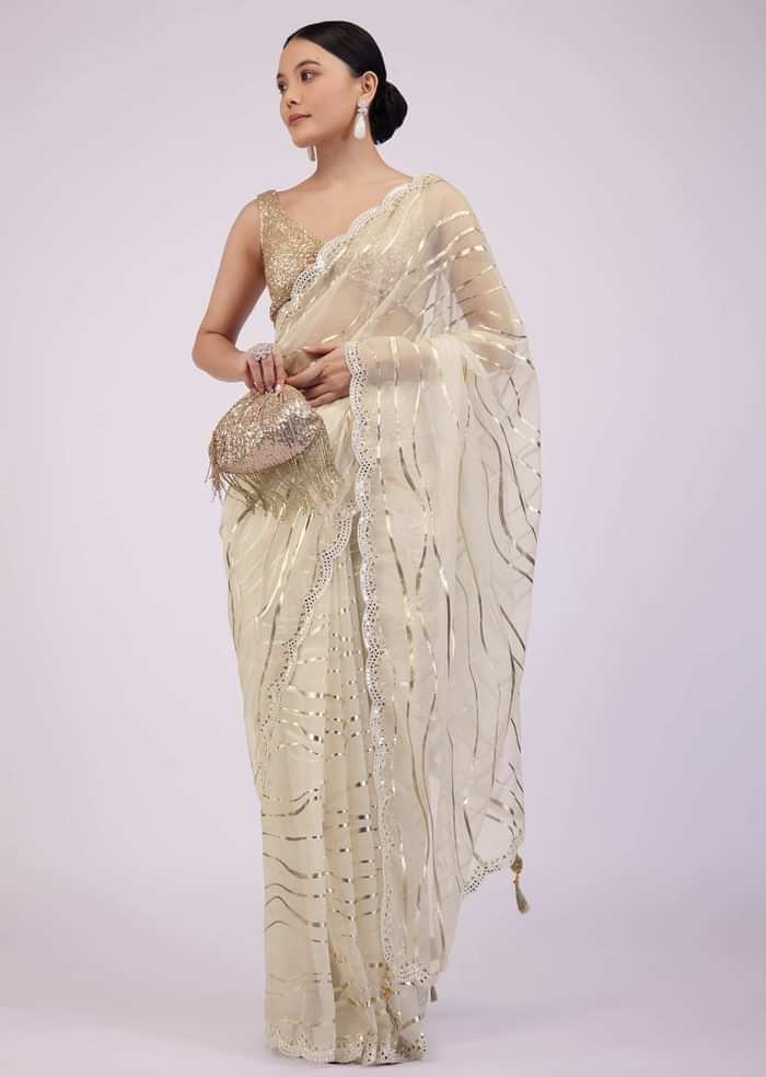 Beige White Saree In Organza With Foil Print And Embroidery
