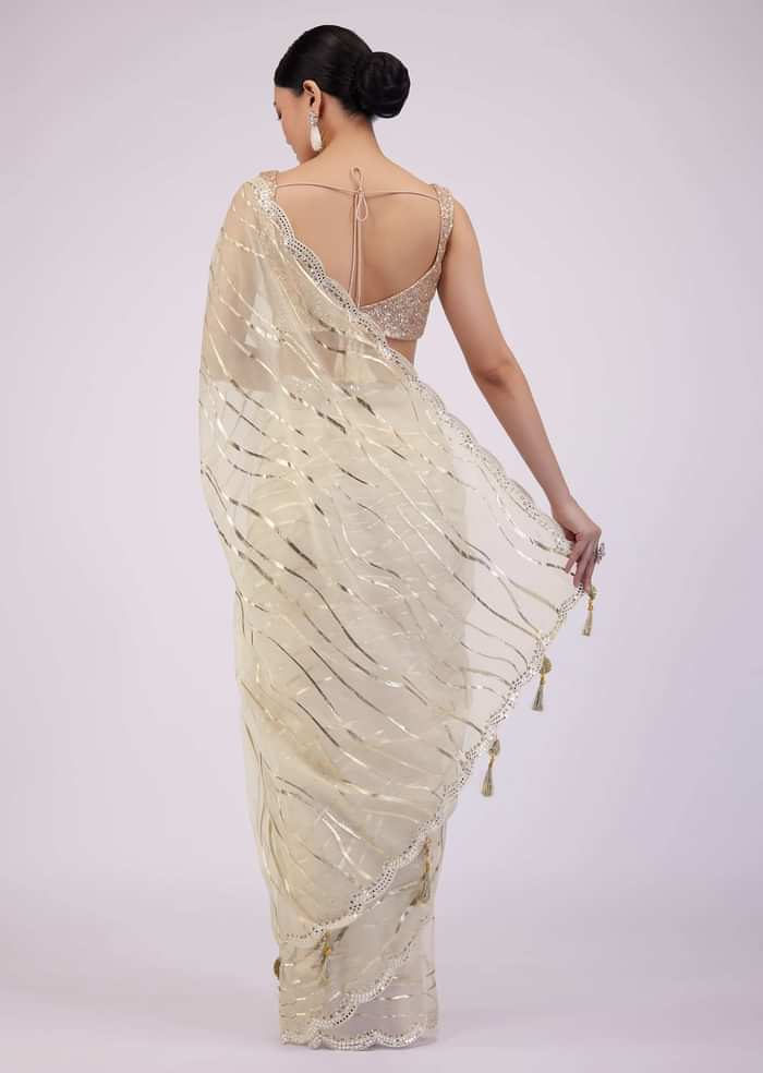 Beige White Saree In Organza With Foil Print And Embroidery