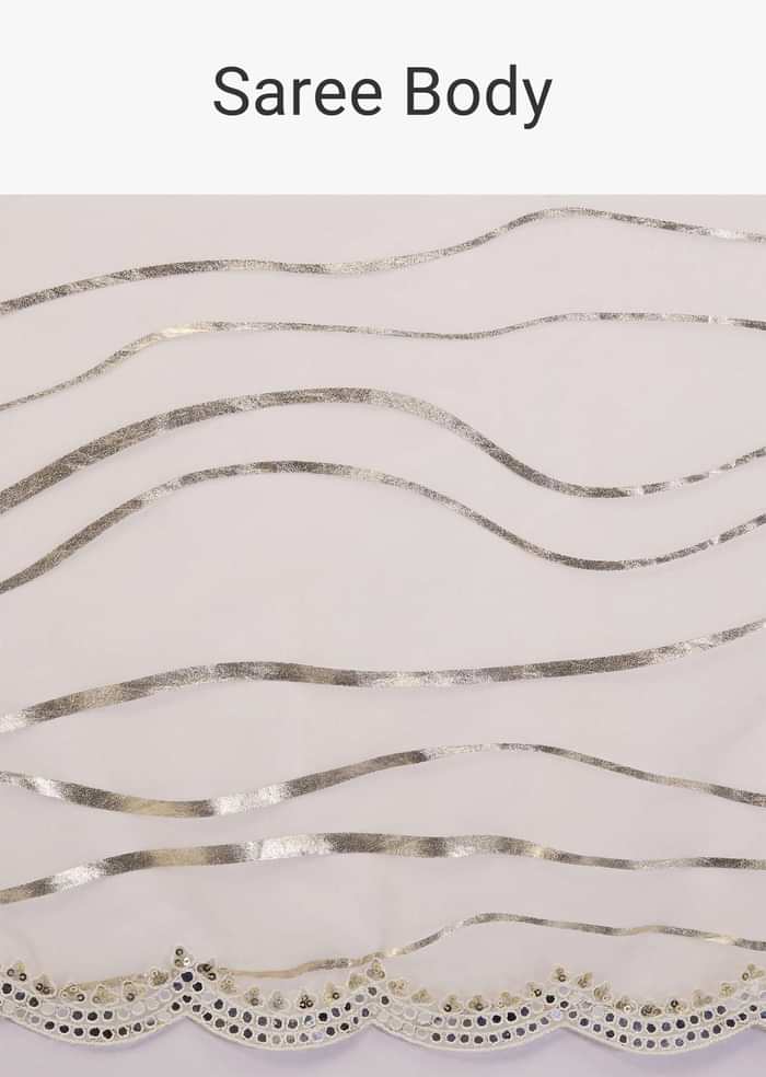 Beige White Saree In Organza With Foil Print And Embroidery