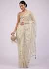 Beige White Saree In Organza With Foil Print And Embroidery