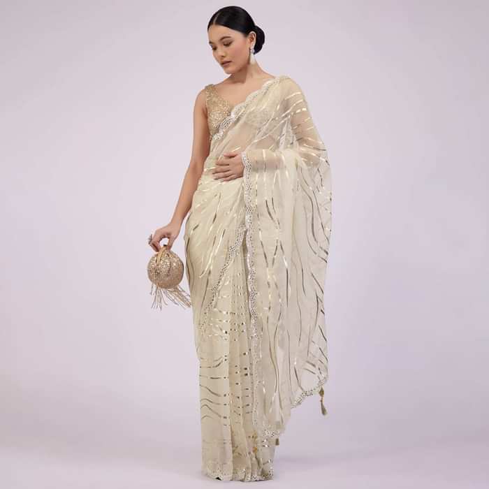 Beige White Saree In Organza With Foil Print And Embroidery