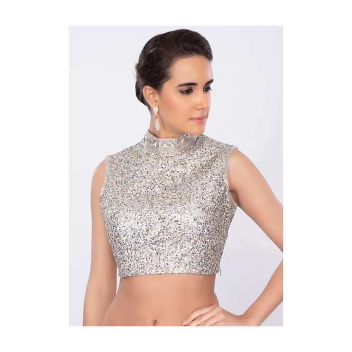 Silver Blouse With A Mix Of Golden And Silver Sequins Embroidery And High Neck Online - Kalki Fashion