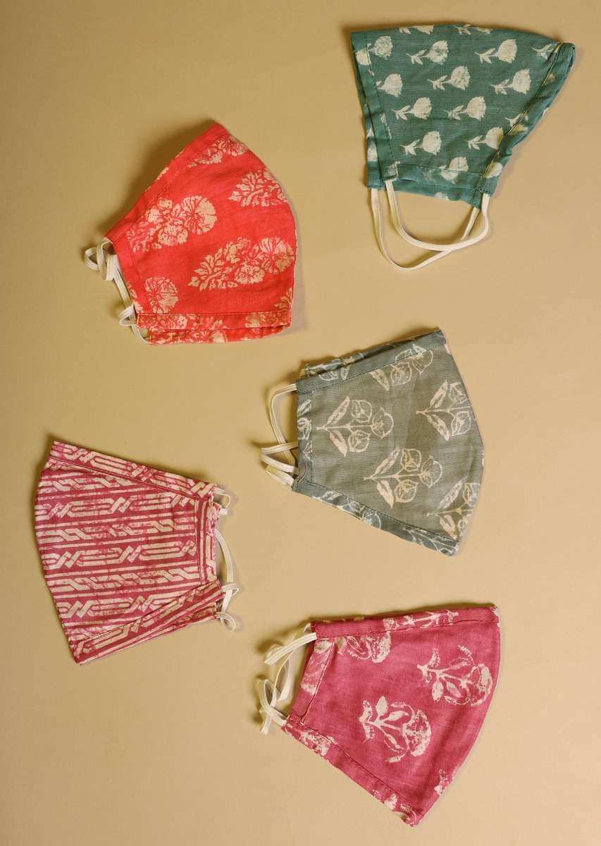 Set Of 5 Multicolored Face Masks In Cotton With Beautiful Batik And Block Prints Online - Kalki Fashion
