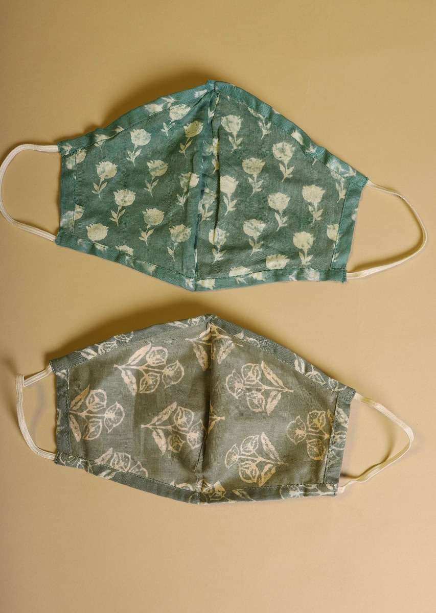 Set Of 5 Multicolored Face Masks In Cotton With Beautiful Batik And Block Prints Online - Kalki Fashion