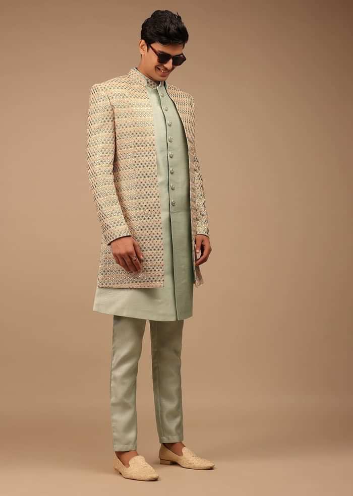 Multi-Coloured Sherwani With Scallop Embroidery