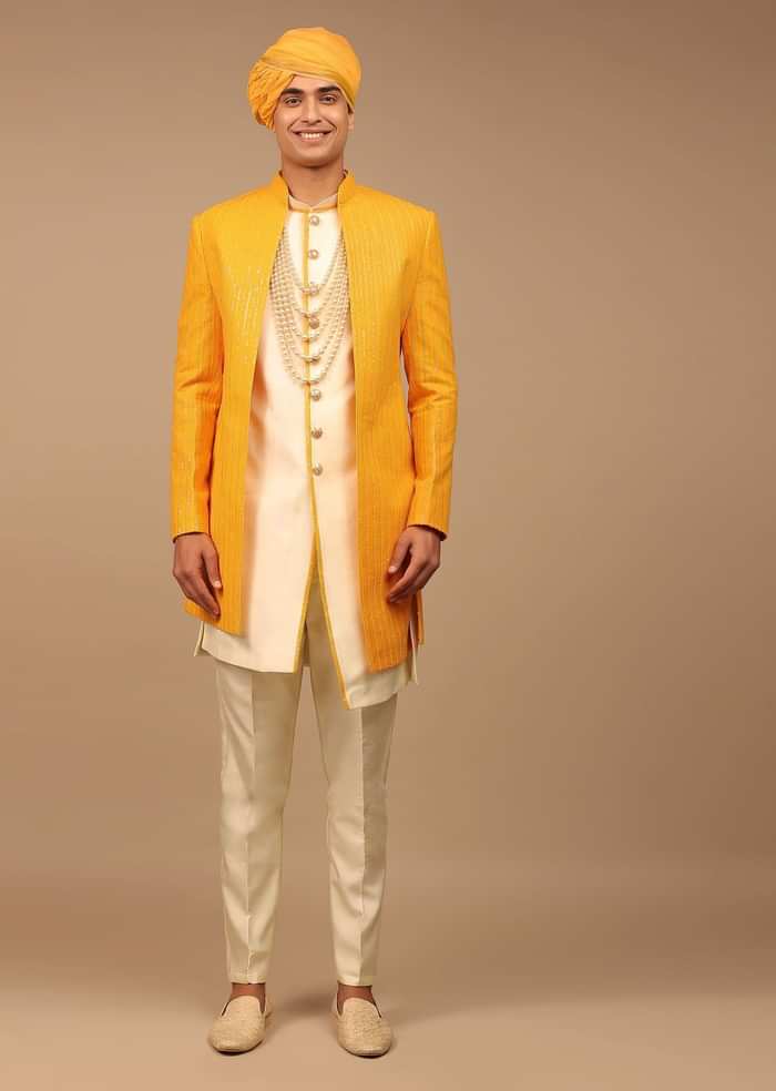 Yellow Sherwani With Lucknowi Work and Asymmetric Hemline
