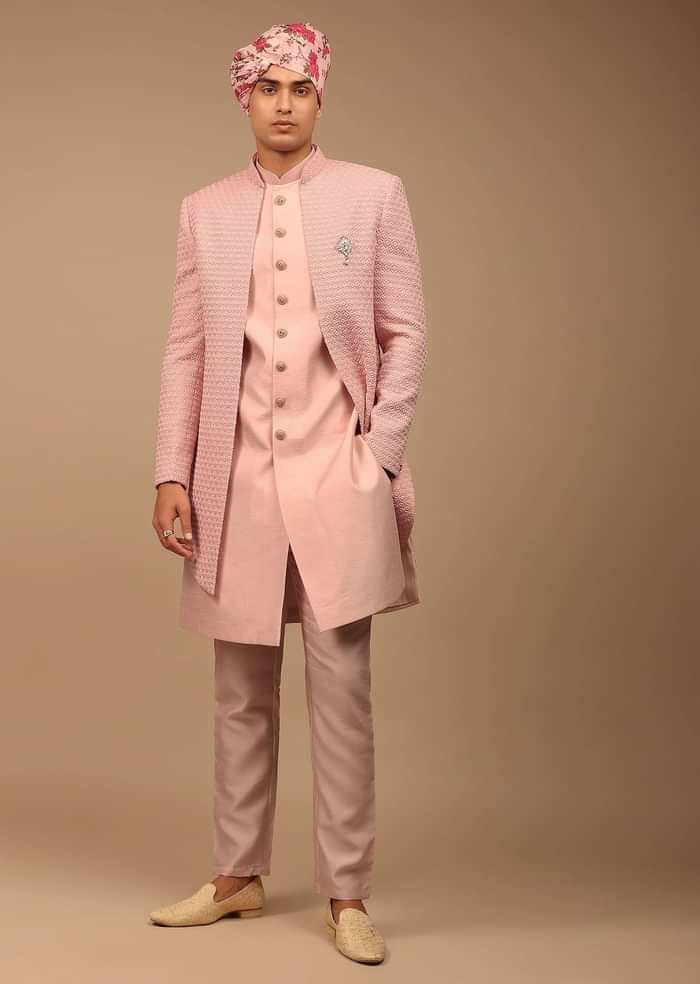 Light Pink Sherwani With Detailed Geometric Resham Work
