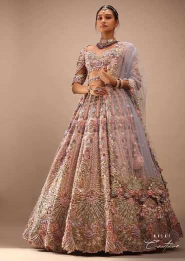 Light Pink Lehenga Set With A Choli In Moti Embroidery, Crop Top Comes In Half Sleeves With Cut Work