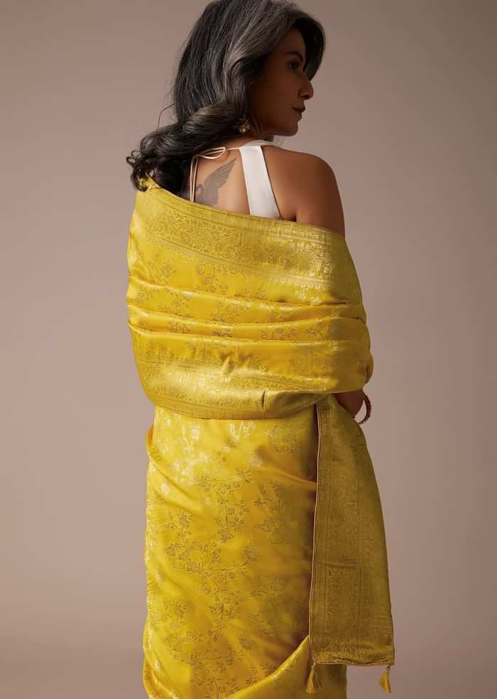 Mustard Yellow Saree In Dola Silk With Woven Floral Jaal And Moroccan Weave On Pallu
