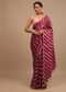 Maroon Red Saree In Dola Silk With Woven Floral Design In Diagonal Stripes And Lace Detailing