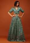Turquoise Green Printed Blouse And Lehenga In V Neckline & Balloon Sleeves With Embellishment