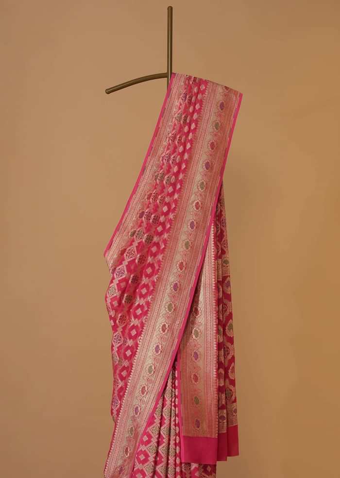 Hot Pink Handloom Saree In Khaadi Georgette With Unstitched Blouse
