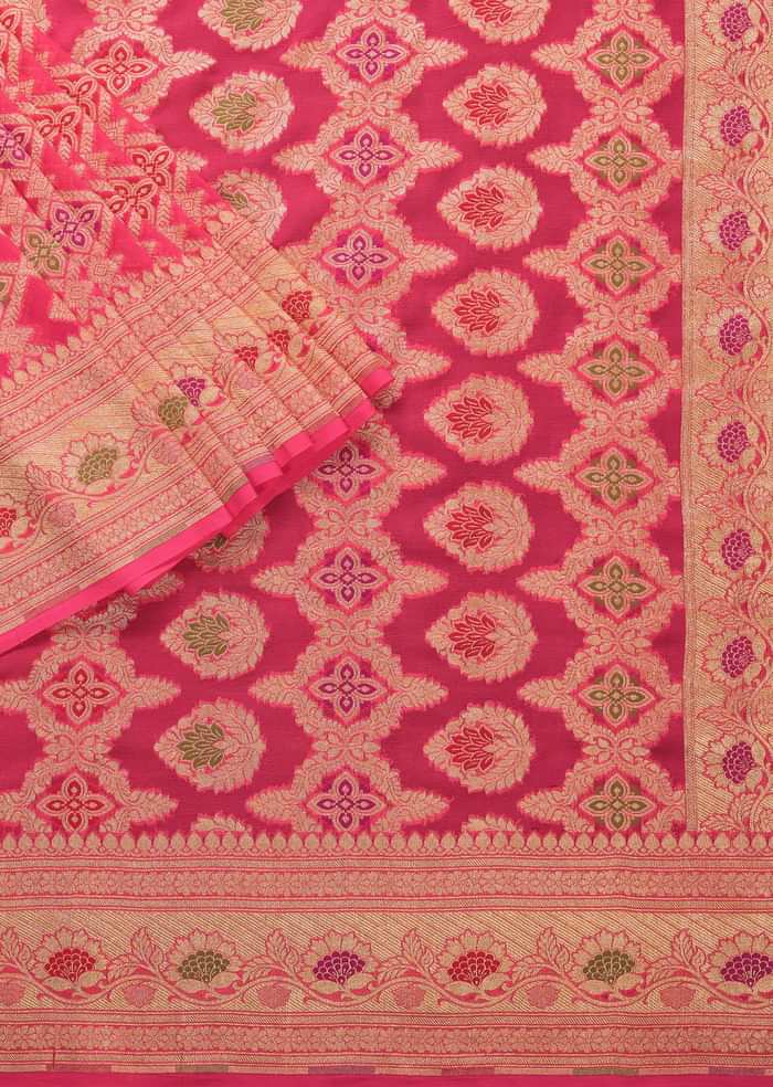 Hot Pink Handloom Saree In Khaadi Georgette With Unstitched Blouse