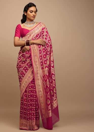 Rani Pink Saree In Georgette With Woven Geometric Jaal And Floral Border