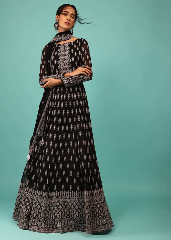Black Anarkali Suit In Georgette With Embroidery In Thread & Sequins