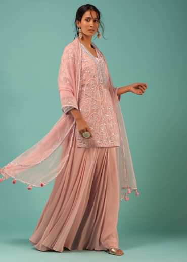 Petal Pink Sharara Suit With Cut Dana And Moti Detailed Jaal Design