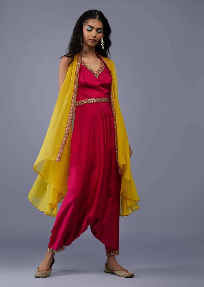 Carmine Red Embroidered Dhoti Jumpsuit With Yellow Organza Shrug