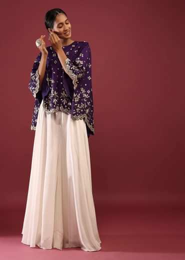 Grape Purple High Low Cape And White Palazzo Suit With Sequins And Zardosi Flowers