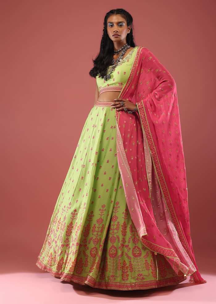 Pista Green Silk Lehenga And Blouse With Floral Print And A Well-Decorated Hem In Stone Work
