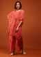Fire Orange Tie Dye Kaftan Set In V Neckline With A Tie-Up Tassel Dori At The Front