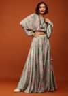 Green Print Crop Top And Lehenga in U Neckline & Full Balloon Sleeves With Embellishment