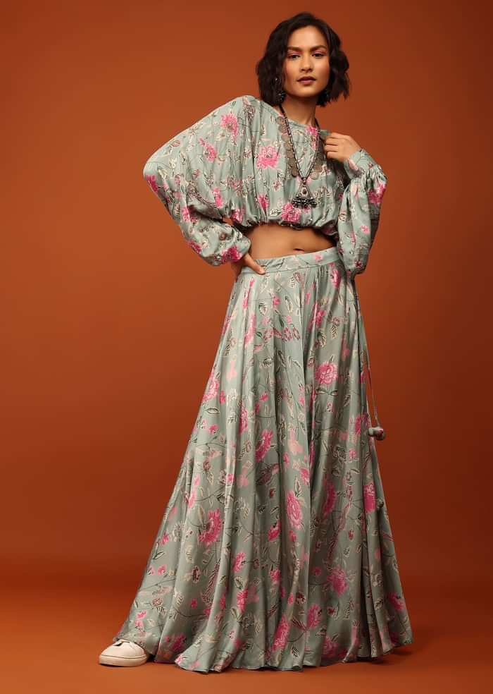 Green Print Crop Top And Lehenga in U Neckline & Full Balloon Sleeves With Embellishment