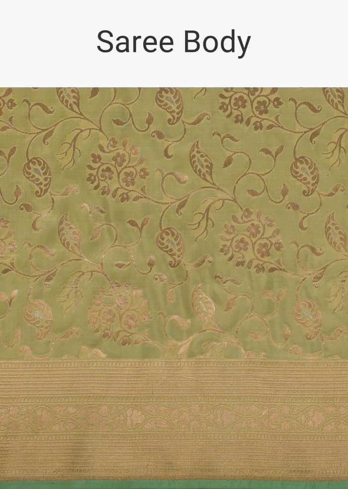 Green Handloom Banarasi Saree In Uppada Silk With Floral Jaal Weave And Unstitched Blouse
