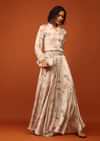 Beige White Floral Print Shirt Top & Lehenga With Mirror Embroidery