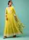 Lime Yellow Anarkali Kurta In Lucknowi Floral Embroidery With Angrakha Pattern & Surplice Neckline