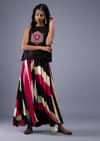 Black Embroidered Scallop Top With Multicoloured Flared Palazzo In Silk