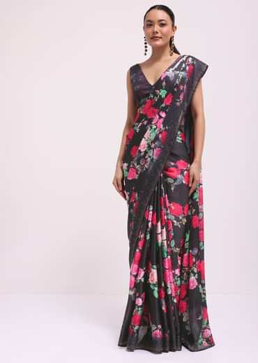 Black Satin Floral Printed Saree With Unstitched Blouse