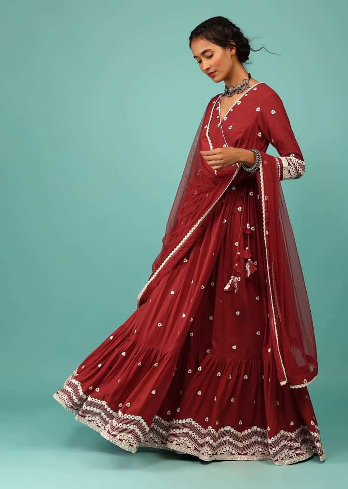 Apple Red Anarkali Kurta In Lucknowi Geometric Embroidery With Angrakha Pattern & Bottom Frill