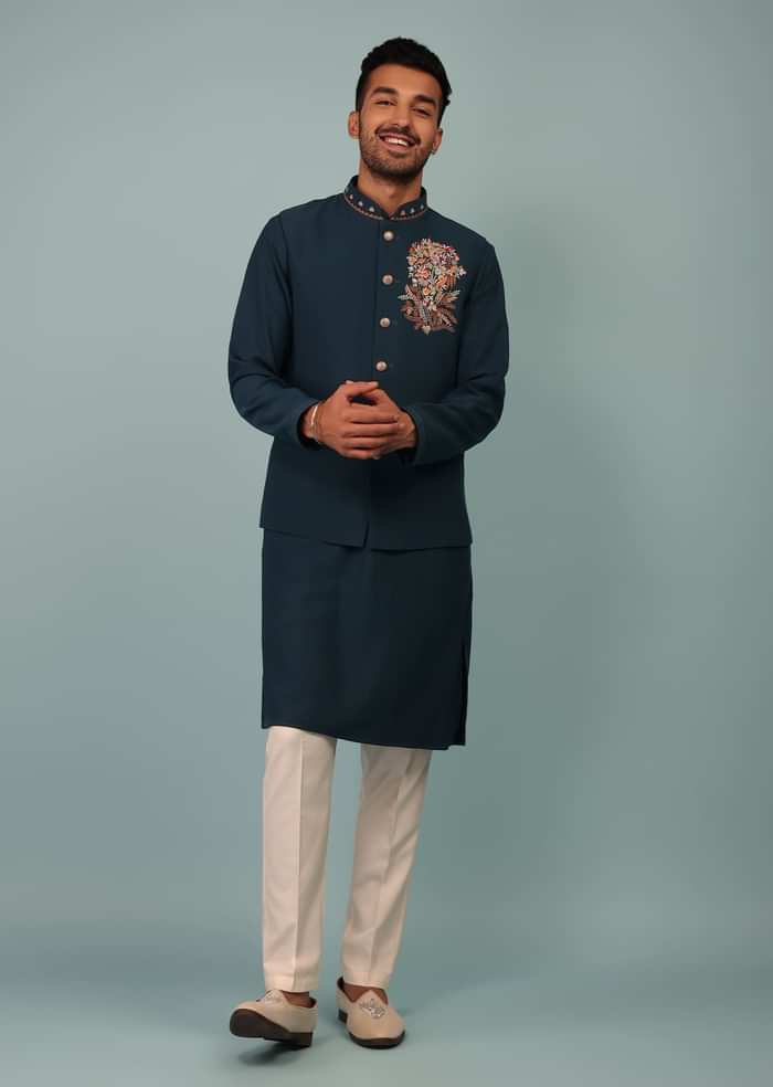 Teal Blue Bandi Jacket Set In Handloom Poly Wool With Multicolor Floral Butti Embroidery
