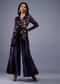 Navy Blue Floral Wrap Top With Embroidered Belt And Gajji Silk Flared Palazzo