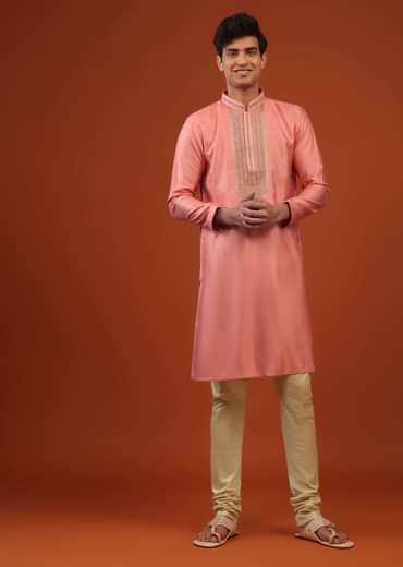 Coral Pink Thread Embroidered Silk Kurta Set