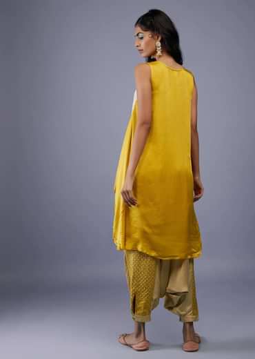 Ombre Shaded Beige White And Cyber Yellow Bandhani Tunic Top In Gajji Silk With Printed Silk Cowl Dhoti